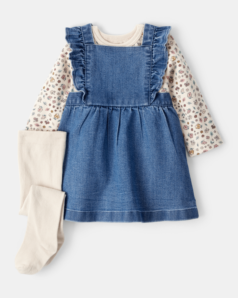Conjunto 3 piezas jumper denim con volantes, camiseta floral y leotardos - Carter's