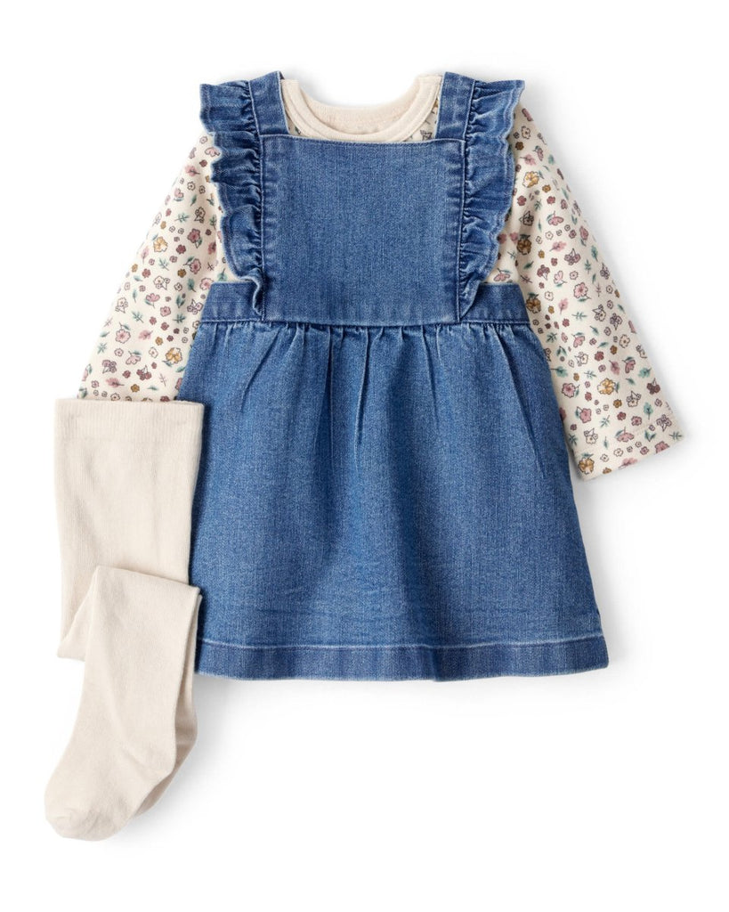 Conjunto 3 piezas jumper denim con volantes, camiseta floral y leotardos - Carter's