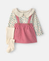 Conjunto 3 peças, vestido bombazine, t-shirt e collants, flores