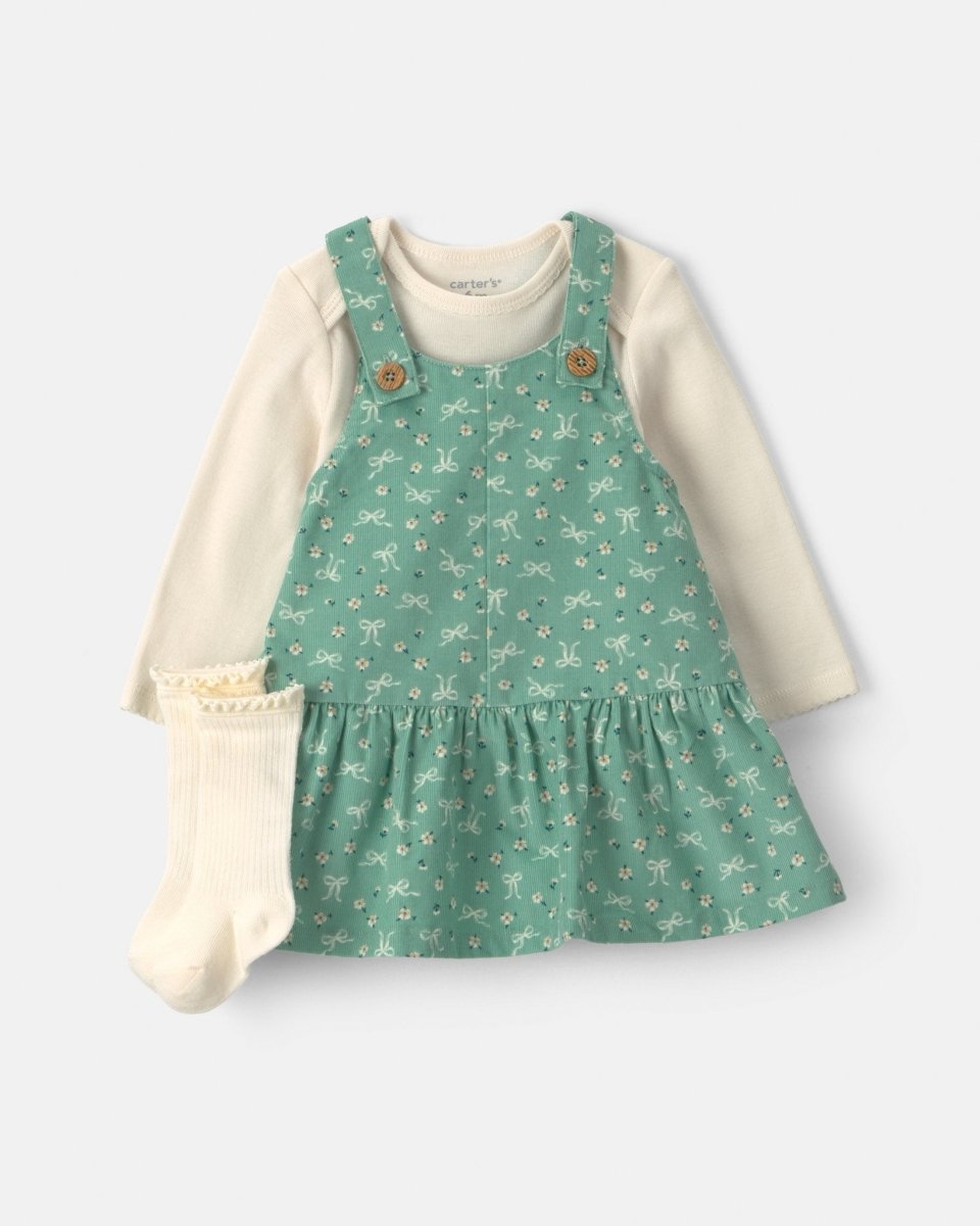 Conjunto 3 piezas, pichi de pana floral, body y calcetines - Carter's