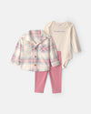 Conjunto 3 piezas, sobrecamisa de cuadros y leggings, rosa