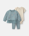 Conjunto 3 peças, sweatshirt bordada, body e leggings, flores