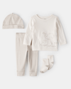 Conjunto 4 piezas de algodón, pantalón, camiseta, medias y gorro, diseño elefante