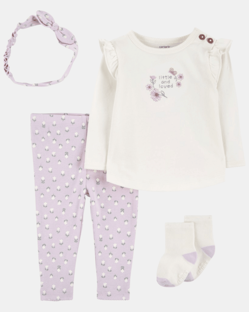 Conjunto 4 piezas de algodón, pantalón, camiseta, medias y vincha, diseño floral - Carter's