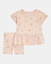 Conjunto de duas peças em algodão canelado, calções e blusa, estampado de frutas