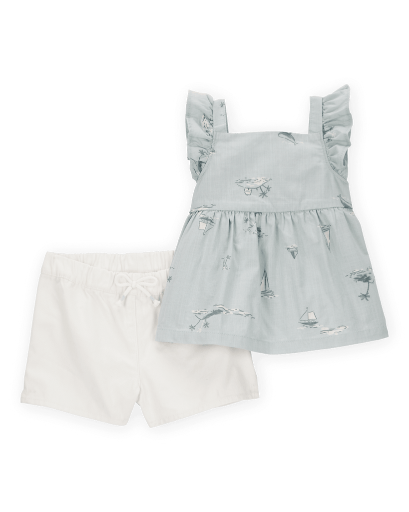 Conjunto de dos piezas de algodón, pantalón corto y blusa, diseño barcos - Carter´s
