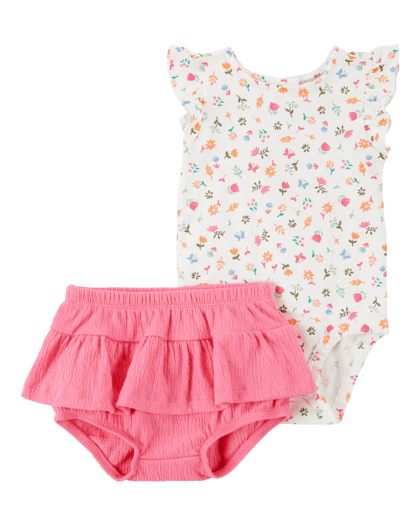 Conjunto de dos piezas de algodón, pantalón corto y body con volados, diseño floral - Carter´s