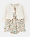 Conjunto de dos piezas de algodón, vestido y saco, diseño floral