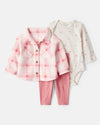 Conjunto de tres piezas con cárdigan rosa de cuadros, body y pantalón