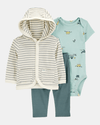 Conjunto de três peças com sweatshirt com capuz e calças listrada