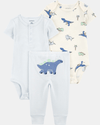Conjunto de tres piezas en azul con rayas y estampado de dinosaurio