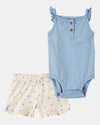 Conjunto de duas peças em algodão com calções e body com estampado de concha