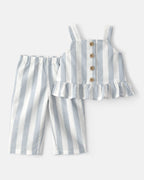 Conjunto dos piezas blusa sin mangas y pantalón de lino, diseño a rayas celeste - Carter's