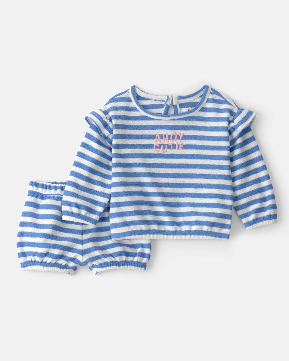 Conjunto dos piezas blusa y pantalón corto de algodón, diseño a rayas azul - Carter's