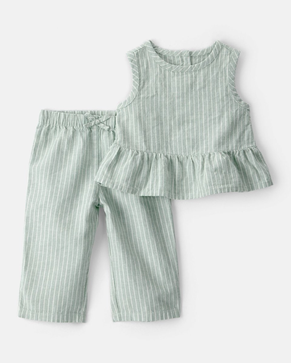 Conjunto dos piezas blusa y pantalón de lino, diseño a rayas verde - Carter's