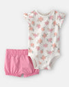 Two-piece cotton shirt and shorts set with a pink floral design