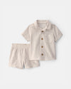 Two-piece cream striped linen shirt and shorts set