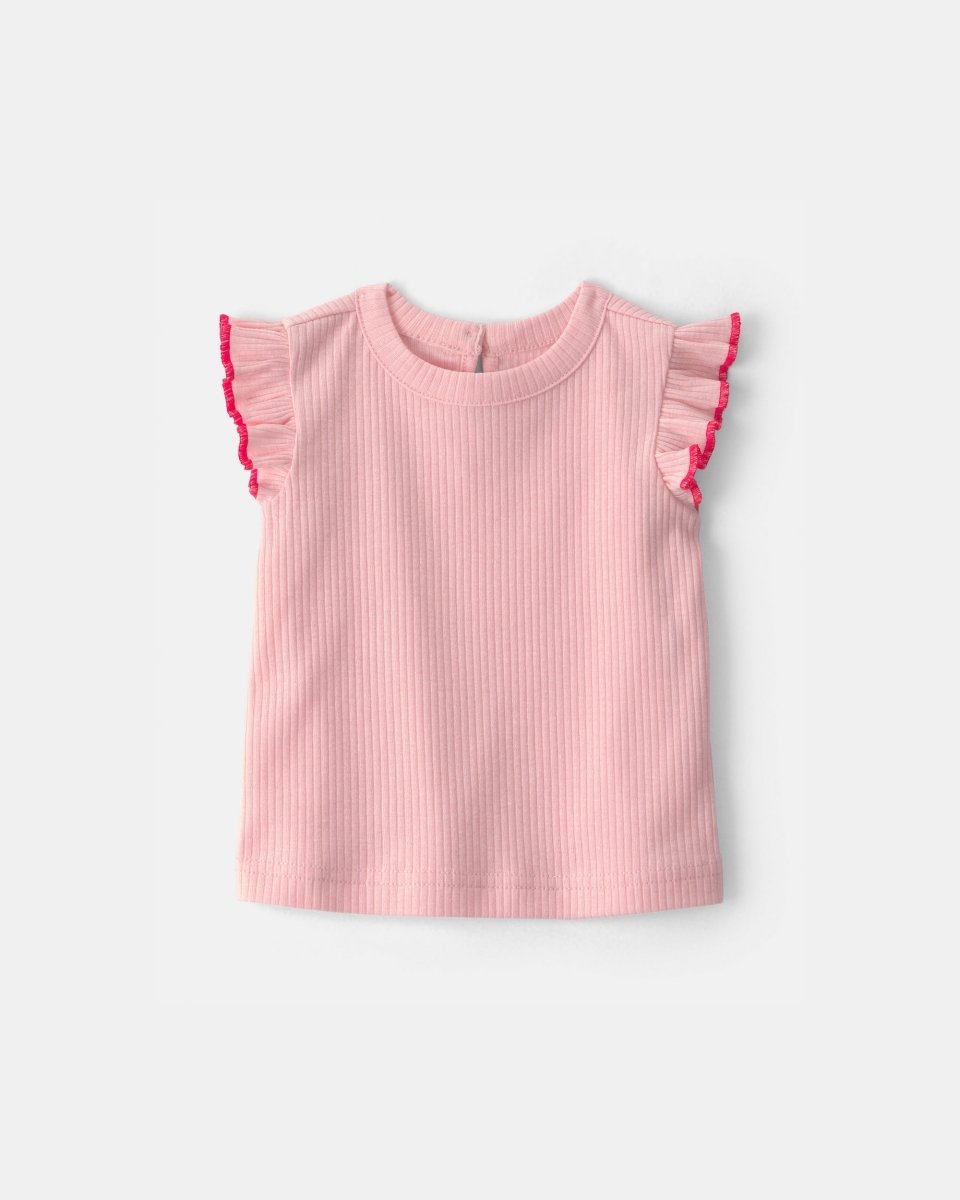 Conjunto dos piezas de algodón con peto corto chambray y camiseta con volantes rosa - Carter's