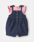 Conjunto dos piezas de algodón con peto corto chambray y camiseta con volantes rosa - Carter's