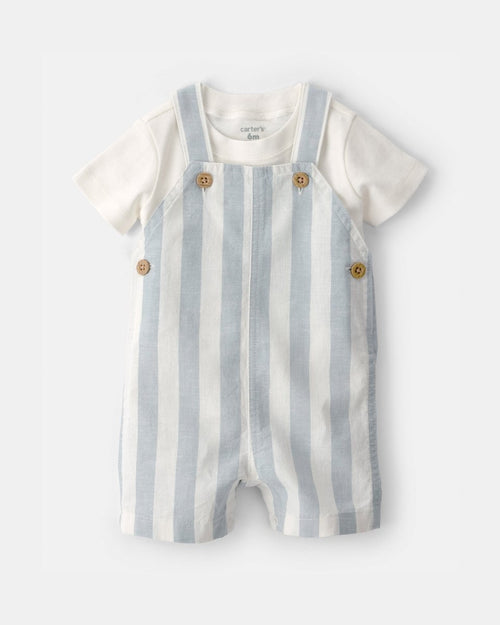 Two-piece linen set with striped short overalls and blue T-shirt