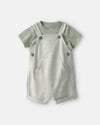 Two-piece linen set with striped short overalls and green T-shirt
