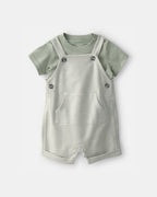 Conjunto dos piezas de lino con peto corto a rayas y camiseta verde - Carter's