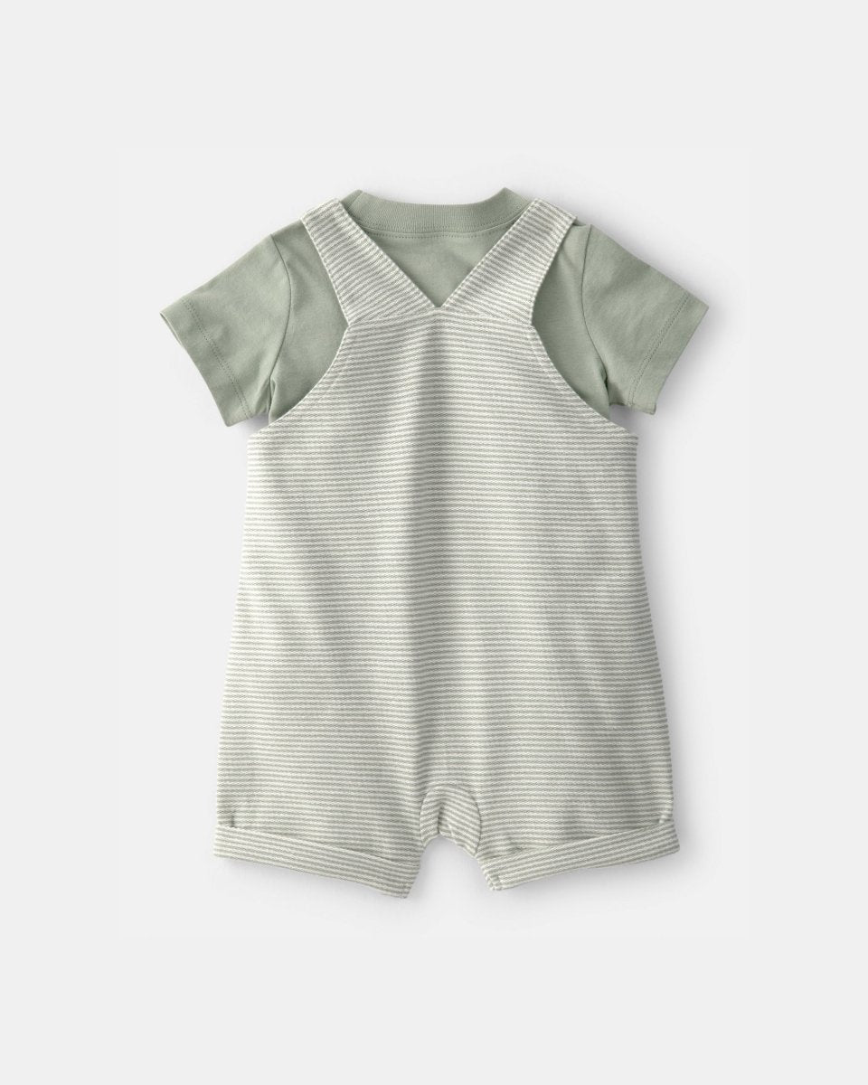Conjunto dos piezas de lino con peto corto a rayas y camiseta verde - Carter's