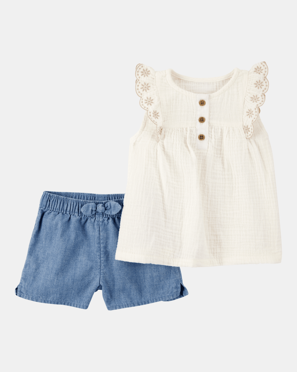 Conjunto dos piezas, pantalón corto de chambray y camiseta de algodón, bordado floral - Carter's