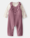 Two-piece plush dungaree set with bear and purple T-shirt