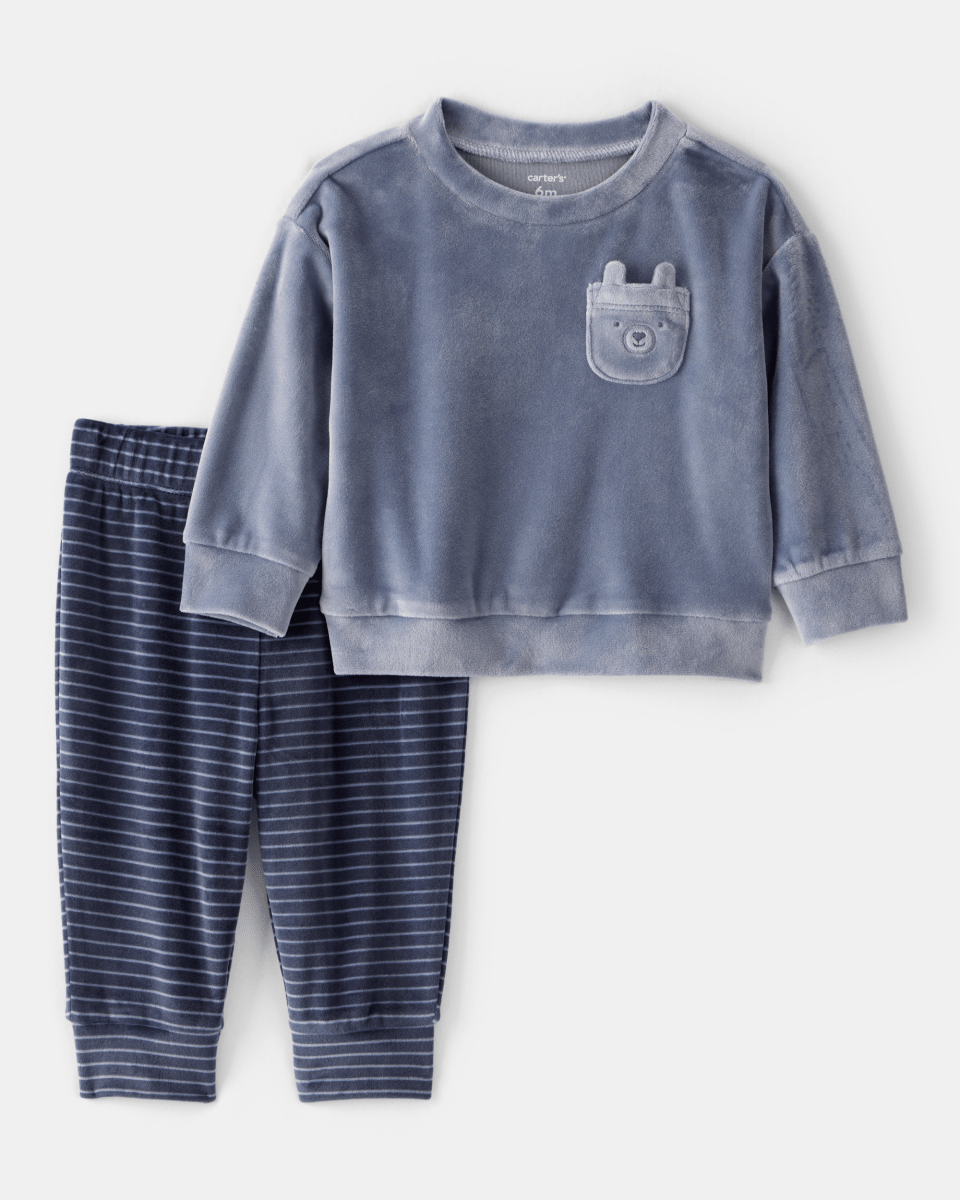 Conjunto dos piezas sudadera de felpa con oso y pantalón jogger azul