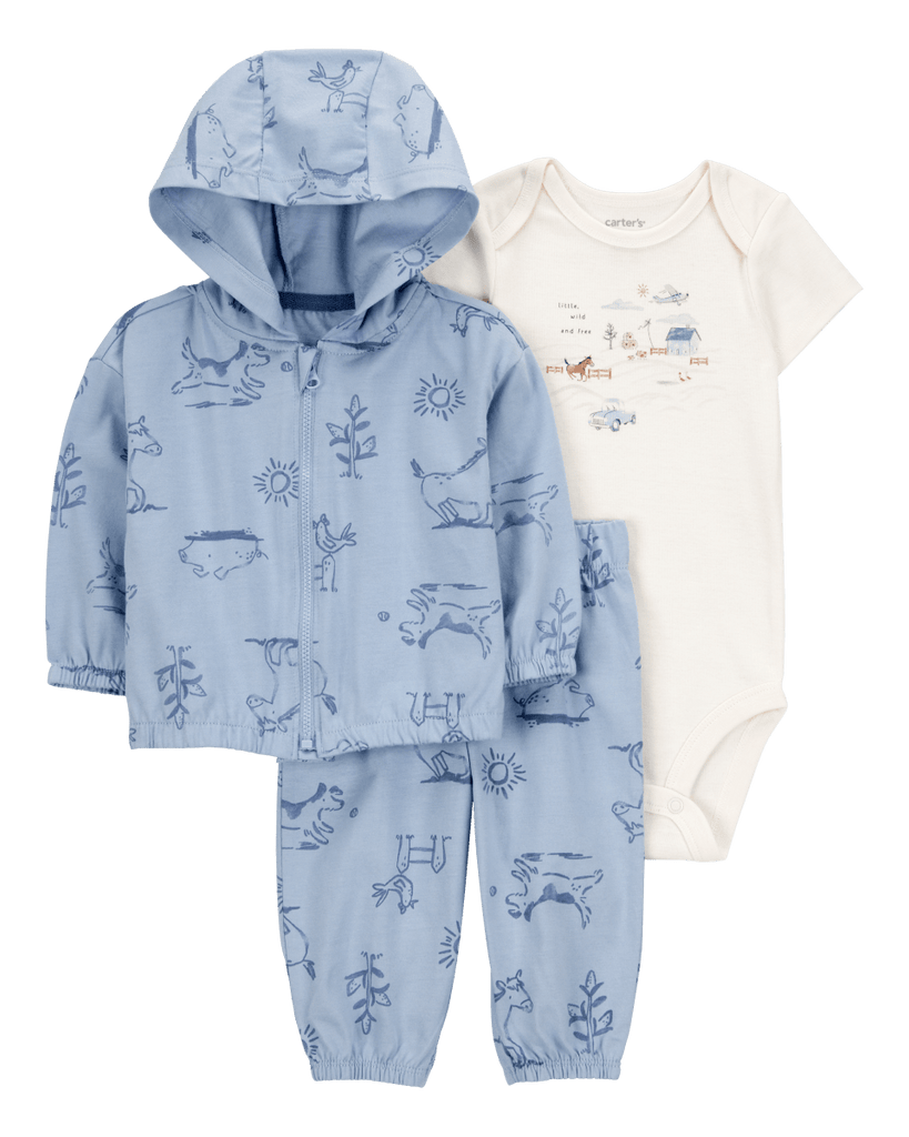 Conjunto tres piezas algodón chaqueta pantalón y body diseño granja - Carter´s