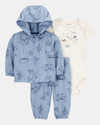Conjunto de três peças de algodão, casaco, calças e body estilo quinta