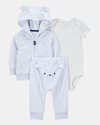 Conjunto de três peças de algodão, casaco e calças de tecido atoalhado, além de um body com estampado de cachorro