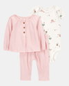 Three-piece cotton set with ribbed knit pants and jacket plus pink bodysuit