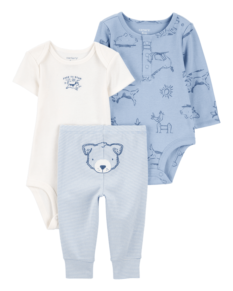 Conjunto tres piezas algodón pantalón y dos bodies azules - Carter´s