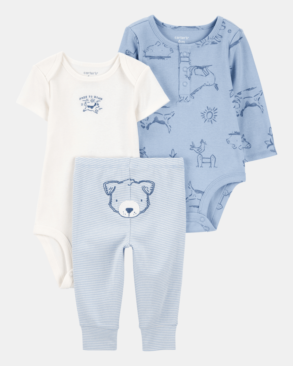 Conjunto tres piezas algodón pantalón y dos bodies azules - Carter's