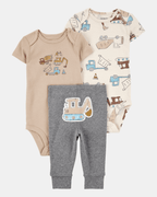 Conjunto tres piezas algodón pantalón y dos bodies diseño constructor - Carter's