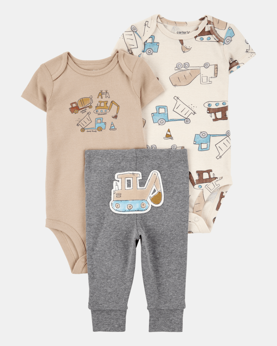 Conjunto tres piezas algodón pantalón y dos bodies diseño constructor - Carter's