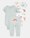 Conjunto de três peças em algodão com calçass e dois bodies com estampado de dinossauros