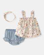 Conjunto tres piezas blusa y cubrepañal con lazo de lino y algodón, diseño floral - Carter's