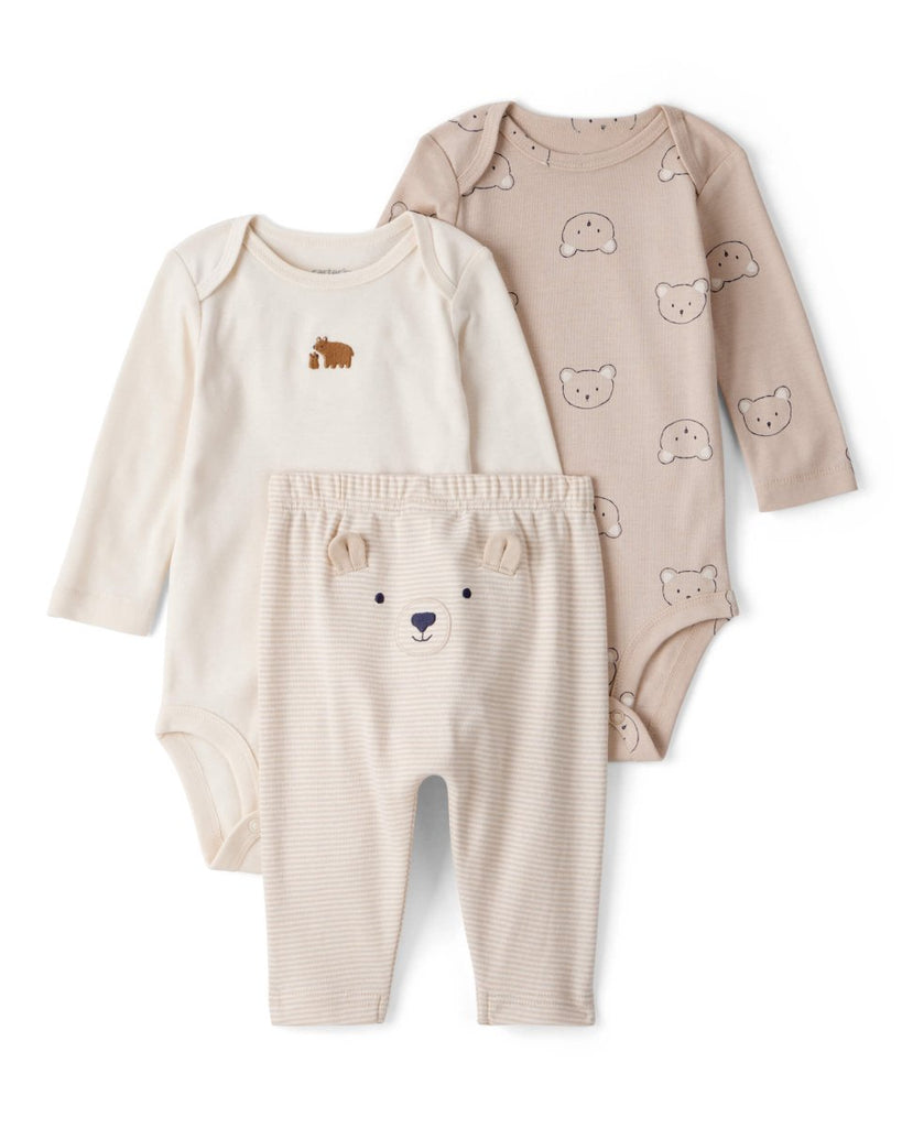 Conjunto tres piezas bodies manga larga y pantalón con oso marrón y blanco - Carter's