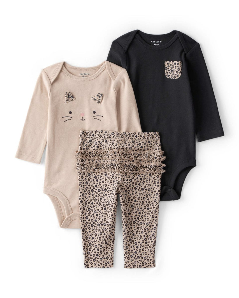 Conjunto tres piezas bodies manga larga y pantalón estampado leopardo - Carter's