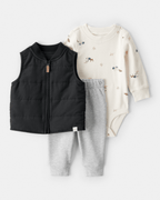 Conjunto tres piezas chaleco acolchado, body y pantalón gris y negro - Carter's