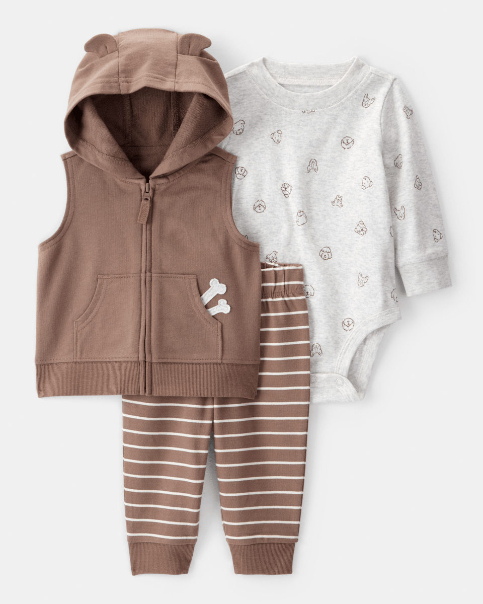 Conjunto tres piezas chaleco con capucha, body estampado perro y pantalón - Carter's
