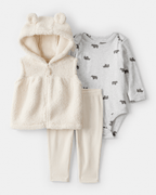 Conjunto tres piezas chaleco con oso, body y pantalón blanco - Carter's