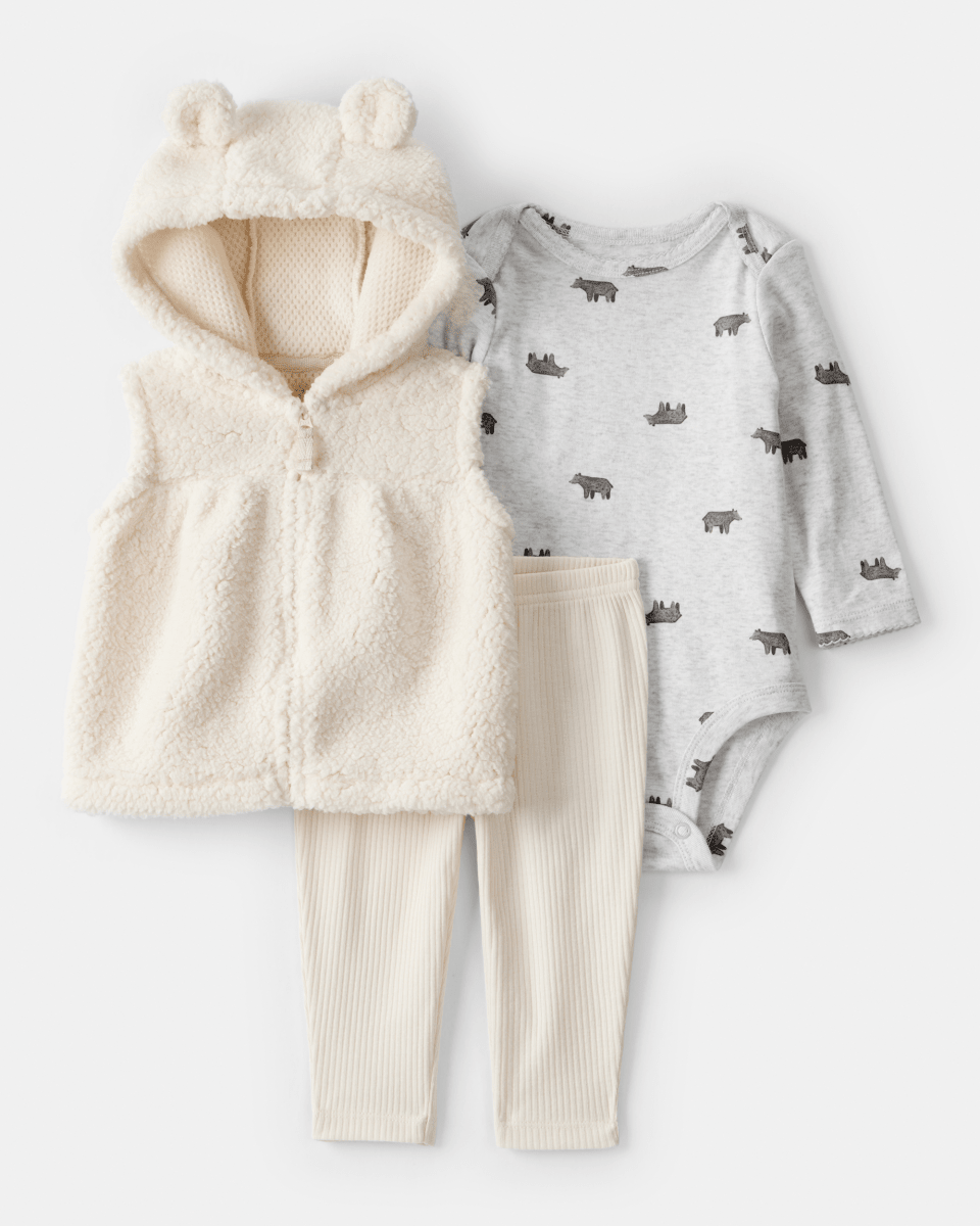 Conjunto tres piezas chaleco con oso, body y pantalón blanco - Carter's