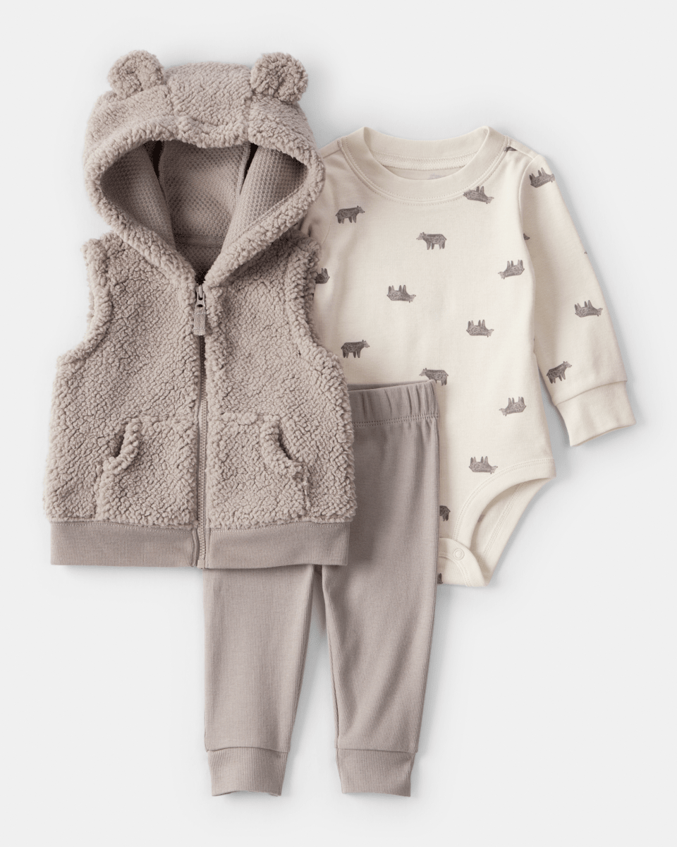 Conjunto tres piezas chaleco con oso, body y pantalón marfil - Carter's
