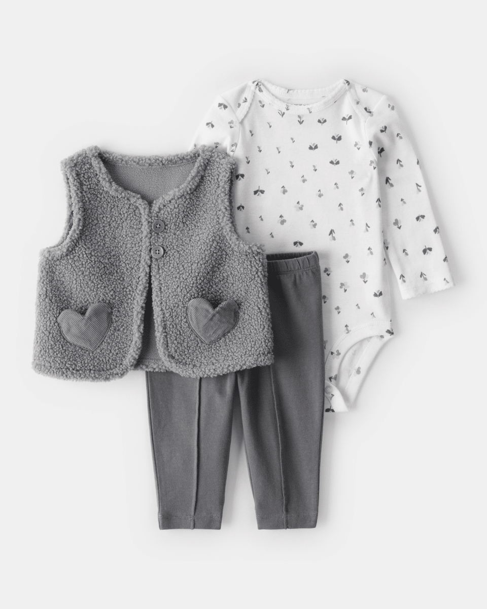 Conjunto tres piezas chaleco de borreguito, body y leggings gris - Carter's