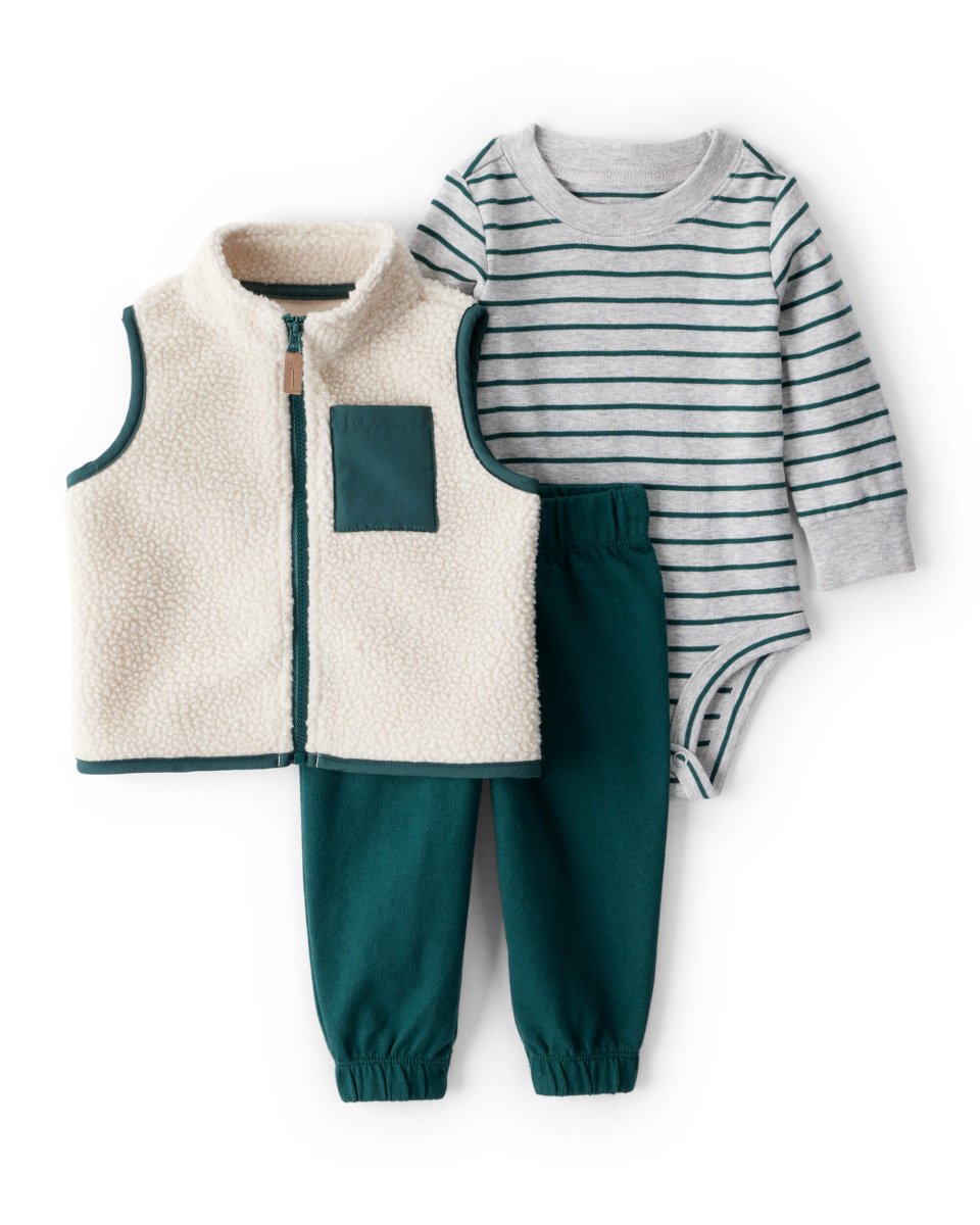 Conjunto tres piezas chaleco de forro polar, body y pantalón verde - Carter's