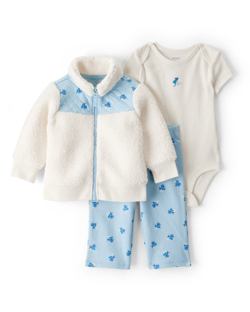 Conjunto tres piezas chaqueta de borreguito, body y pantalón floral azul - Carter's